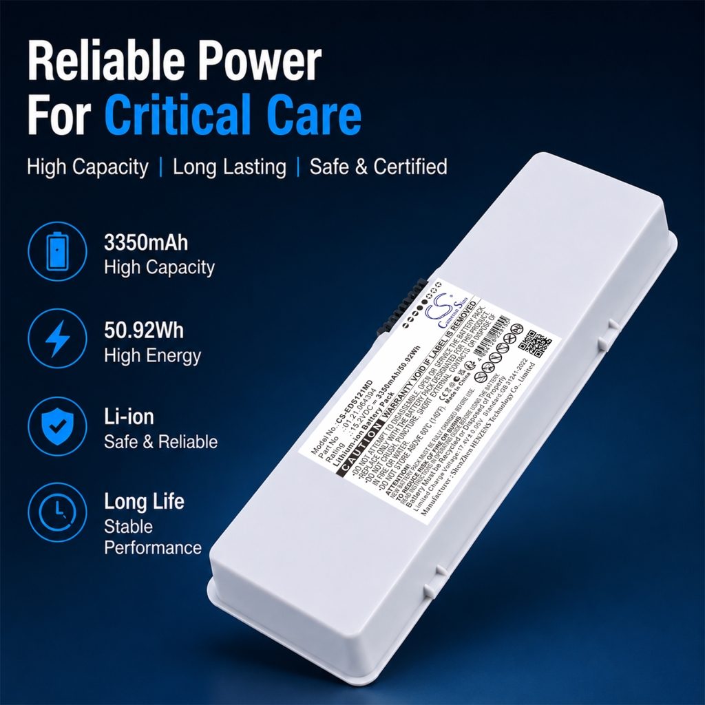 Cameron Sino CS-EDS121MD marketinška slika, „Reliable Power for Critical Care” s bijelim baterijskim paketom