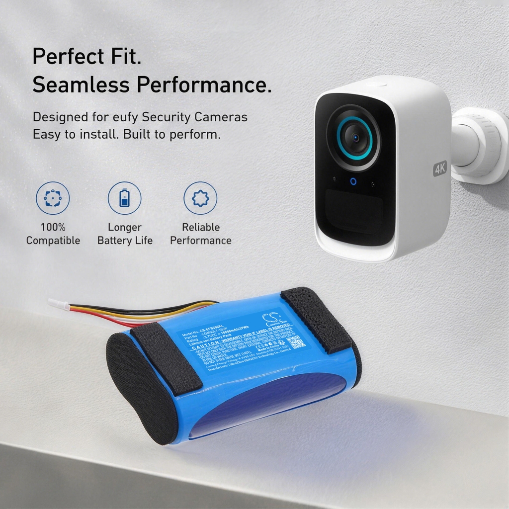 Marketing image eufy security camera with battery compatibility text