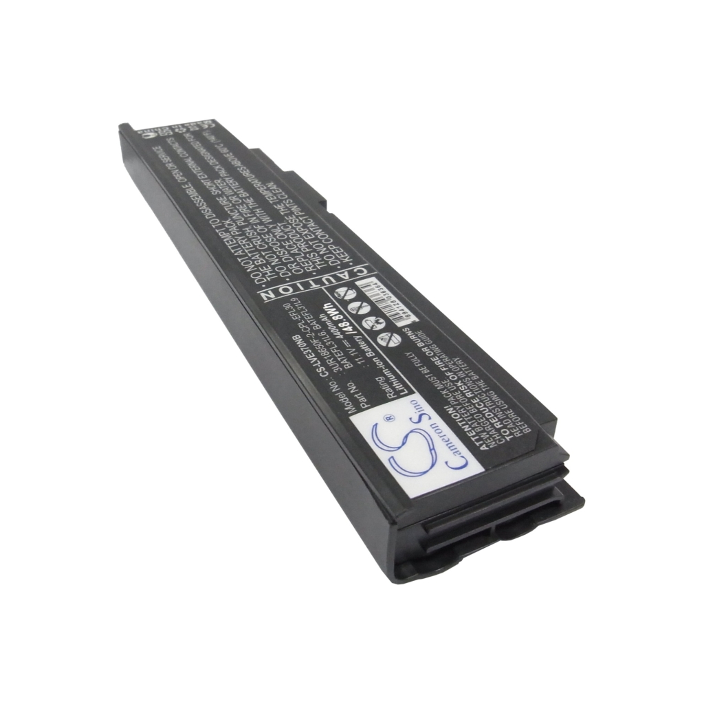 Crna baterija laptopa CS-LVE370NB, kosi prikaz strane s upozorenjima